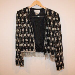 Vintage Nipon Night size large black and silver beaded fringe short jacket